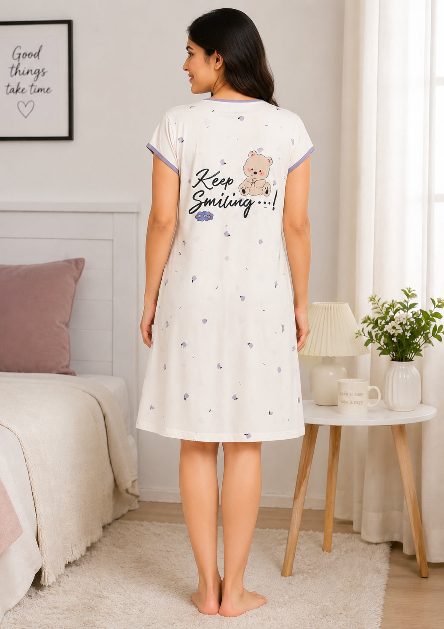 Women's Cute Cartoon Printed Knee Length Nighty | Soft Comfortable Loose Fit Short Sleeve Nighty for Women