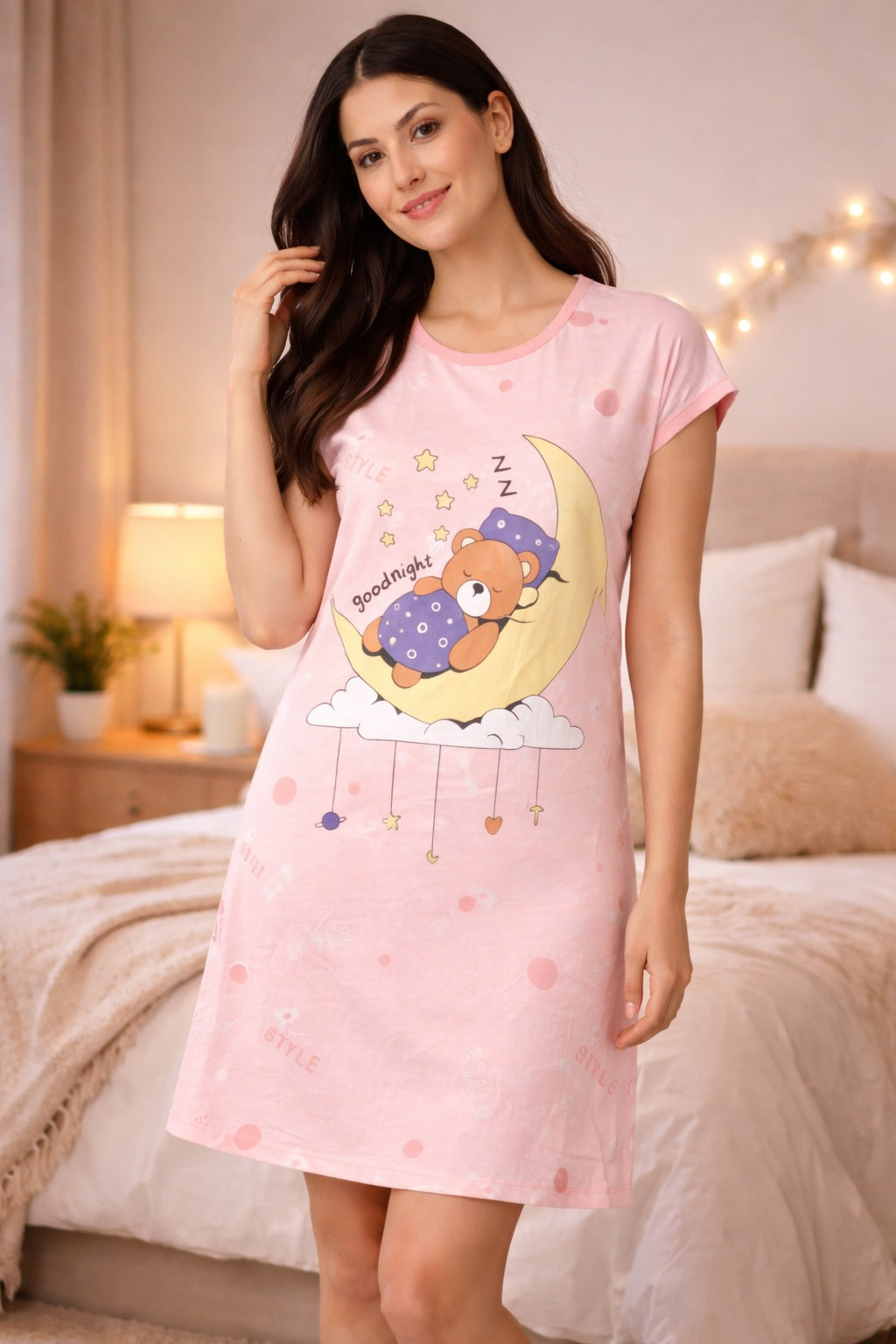 Women's short Nighty, Nightgown, Printed Pattern, Short Sleeve Sleep Dress
