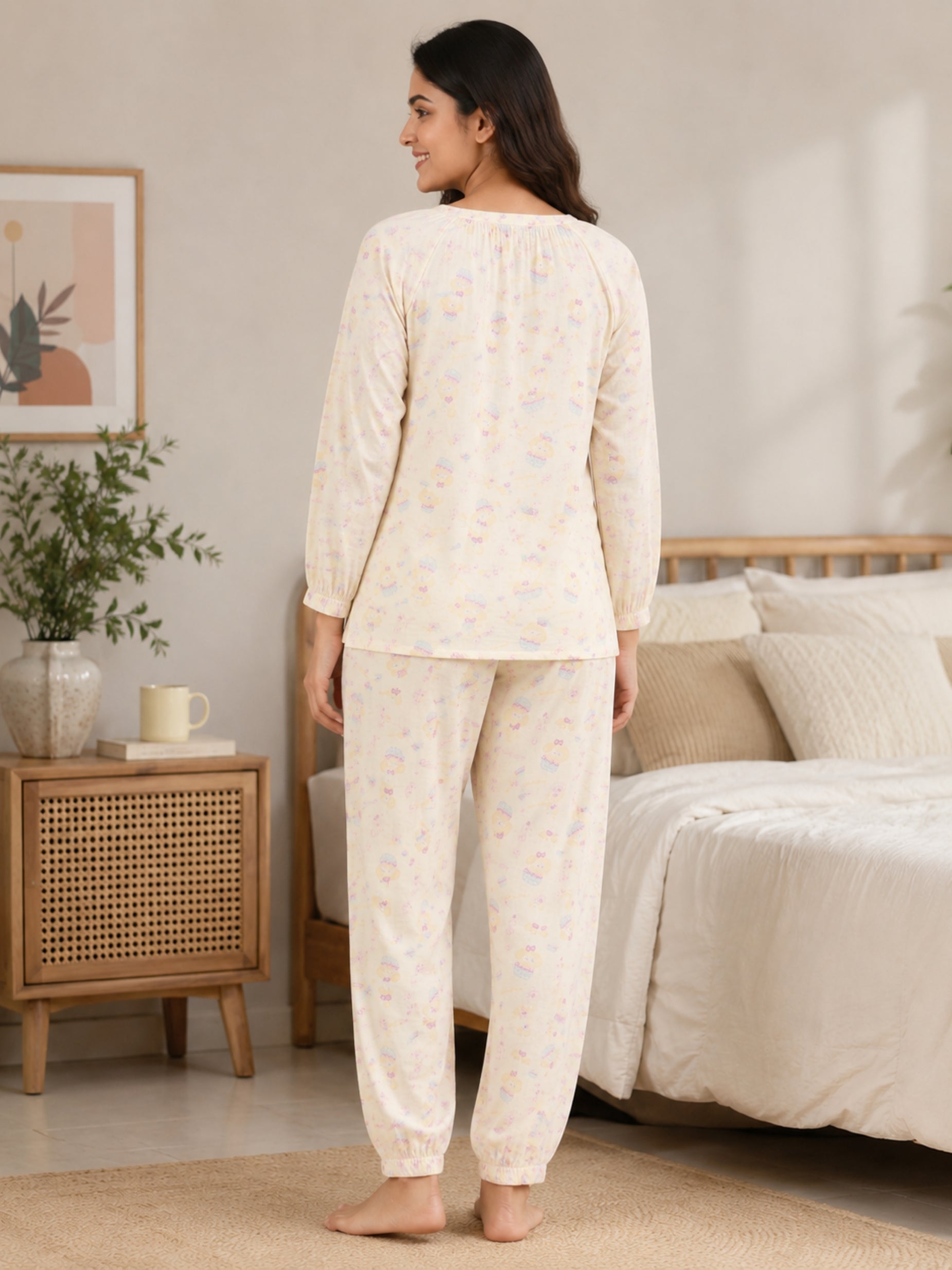 Women Night Suit Cotton Muslin Pyjama Set | Soft Printed Full Sleeve Sleepwear
