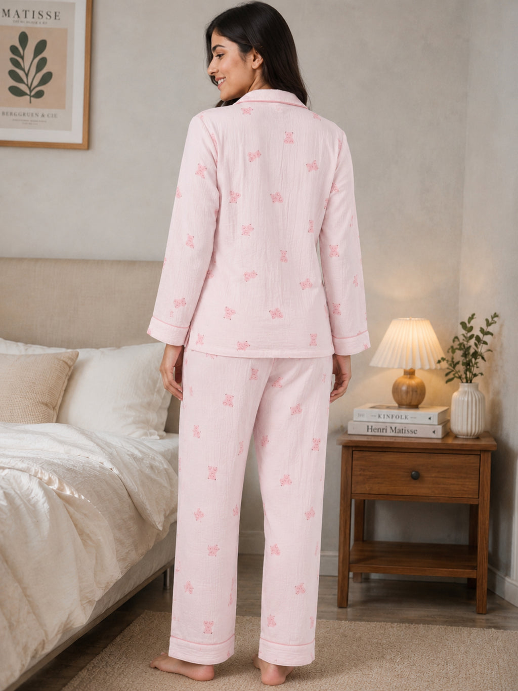 Women Night Suit Cotton Muslin Pyjama Set | Soft Printed Full Sleeve Sleepwear