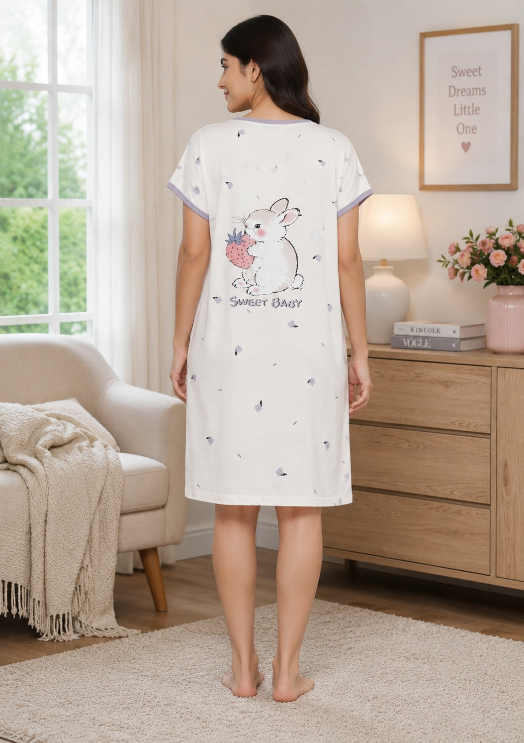 Women's Cute Cartoon Printed Knee Length Nighty | Soft Comfortable Loose Fit Short Sleeve Nighty for Women