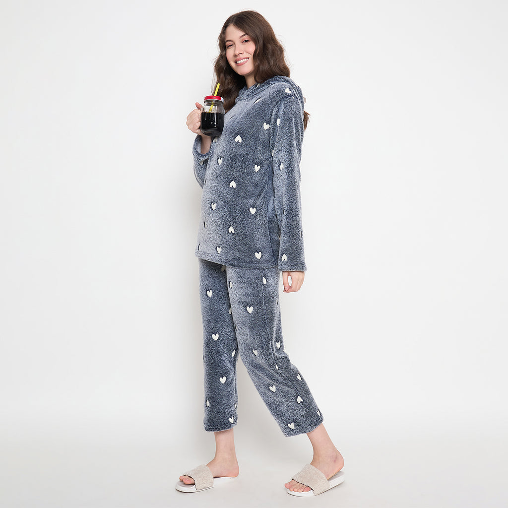 Women's Winter Glow in Dark Printed Full Sleeve Hooded Top, Pajama Pants with Pockets