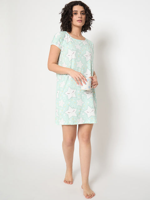 Women's Printed Nightgown, Short Sleeve Sleep Dress, Short Length, Short Nighty, White Green