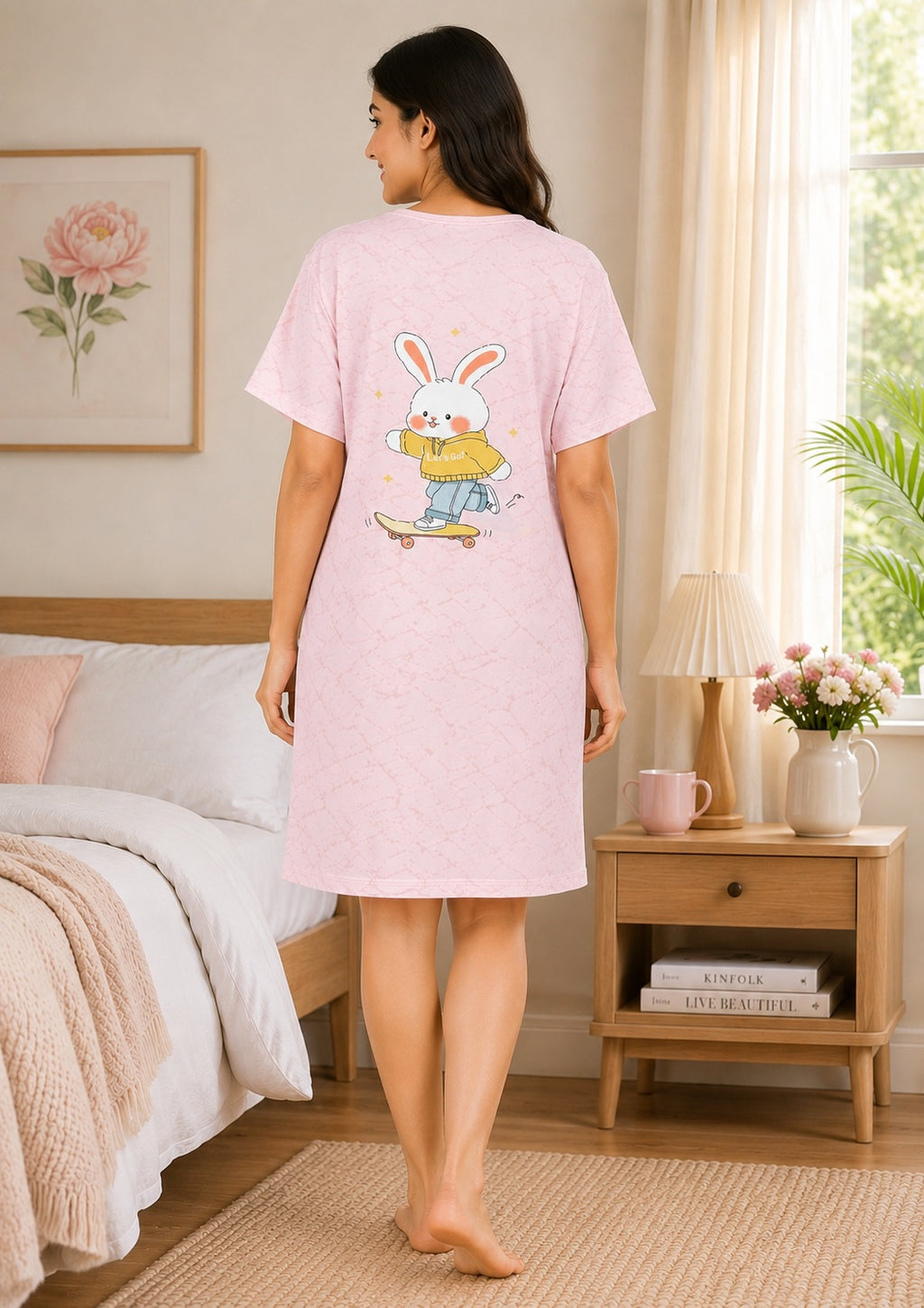 Women's Cute Cartoon Printed Knee Length Nighty | Soft Comfortable Loose Fit Short Sleeve Nighty for Women