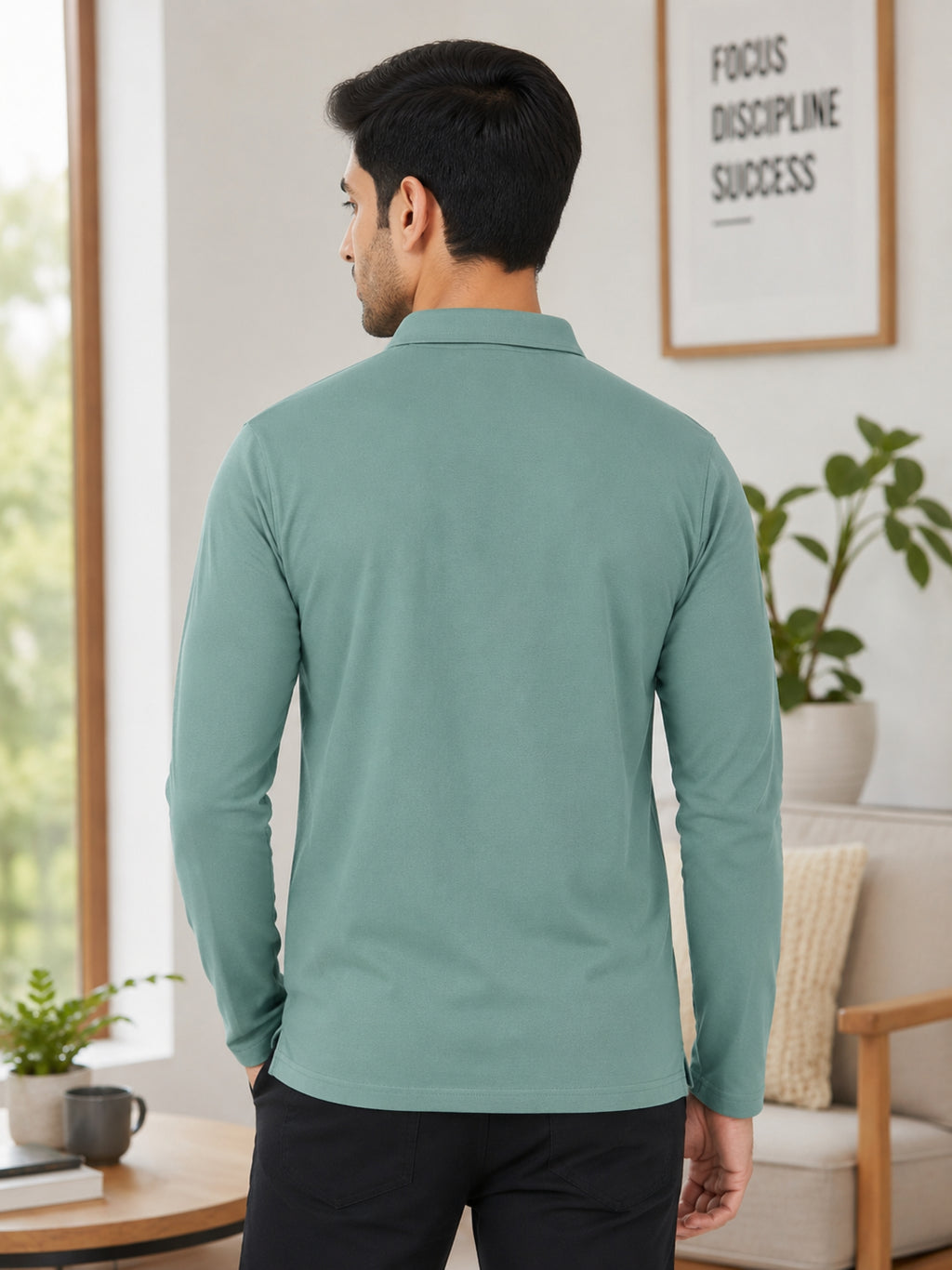 Camey Men's Plain Solid Full Sleeve Polo T-Shirt | Collared Casual Cotton Blend Tee with Chest Pocket