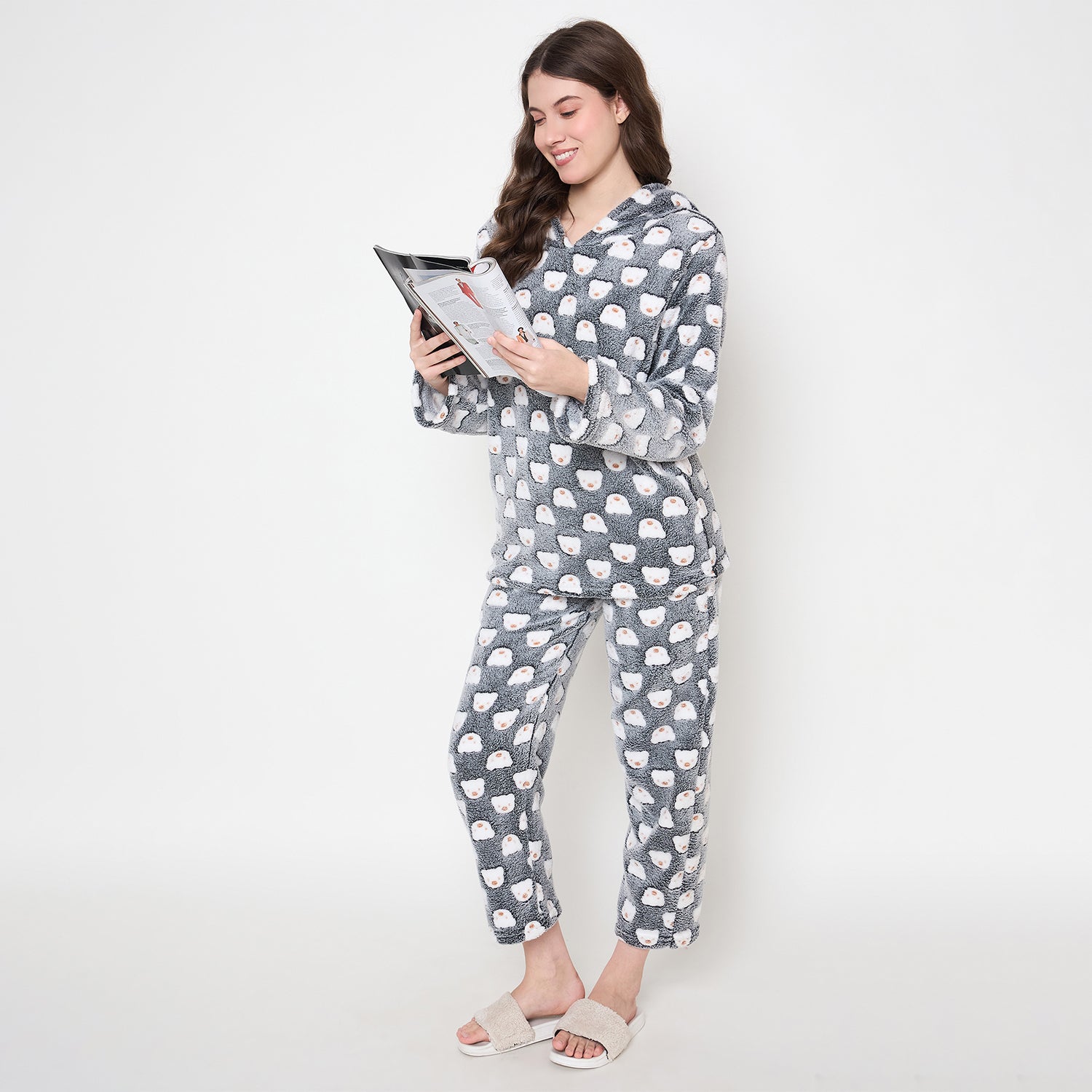 Women's Winter Glow in Dark Printed Full Sleeve Hooded Top, Pajama Pants with Pockets