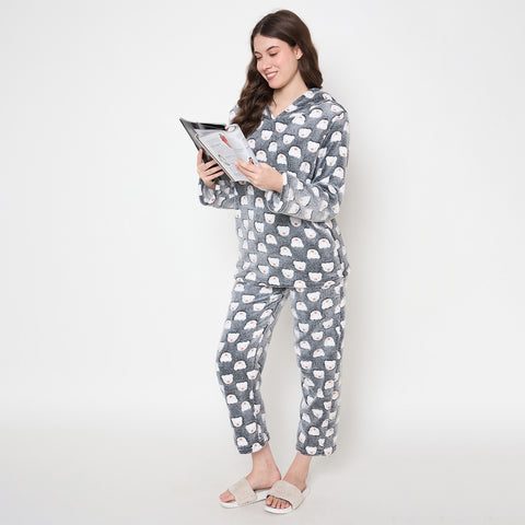 Women's Winter Glow in Dark Printed Full Sleeve Hooded Top, Pajama Pants with Pockets