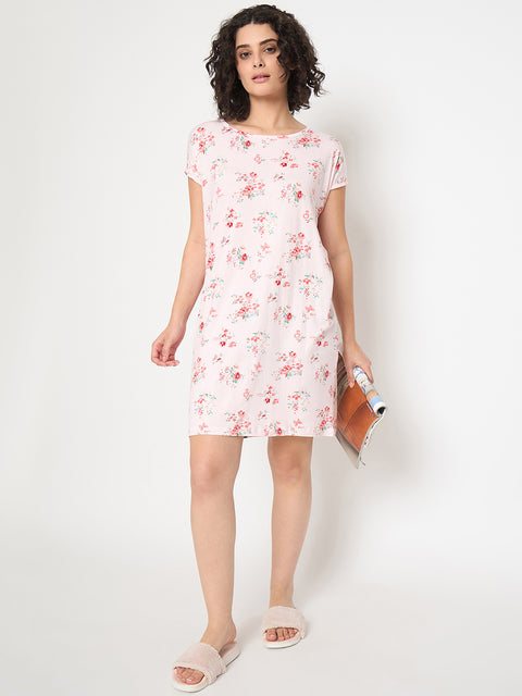Women's Printed Nightgown, Short Sleeve Sleep Dress, Short Length, Short Nighty, Pink Red