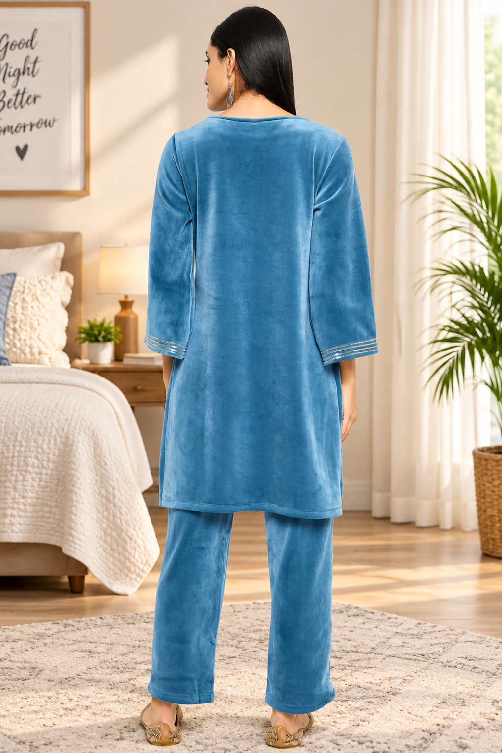 Women's Velvet Winter Kurti Set, Long Sleeves|Winter Velvet Kurti & Pajama Set