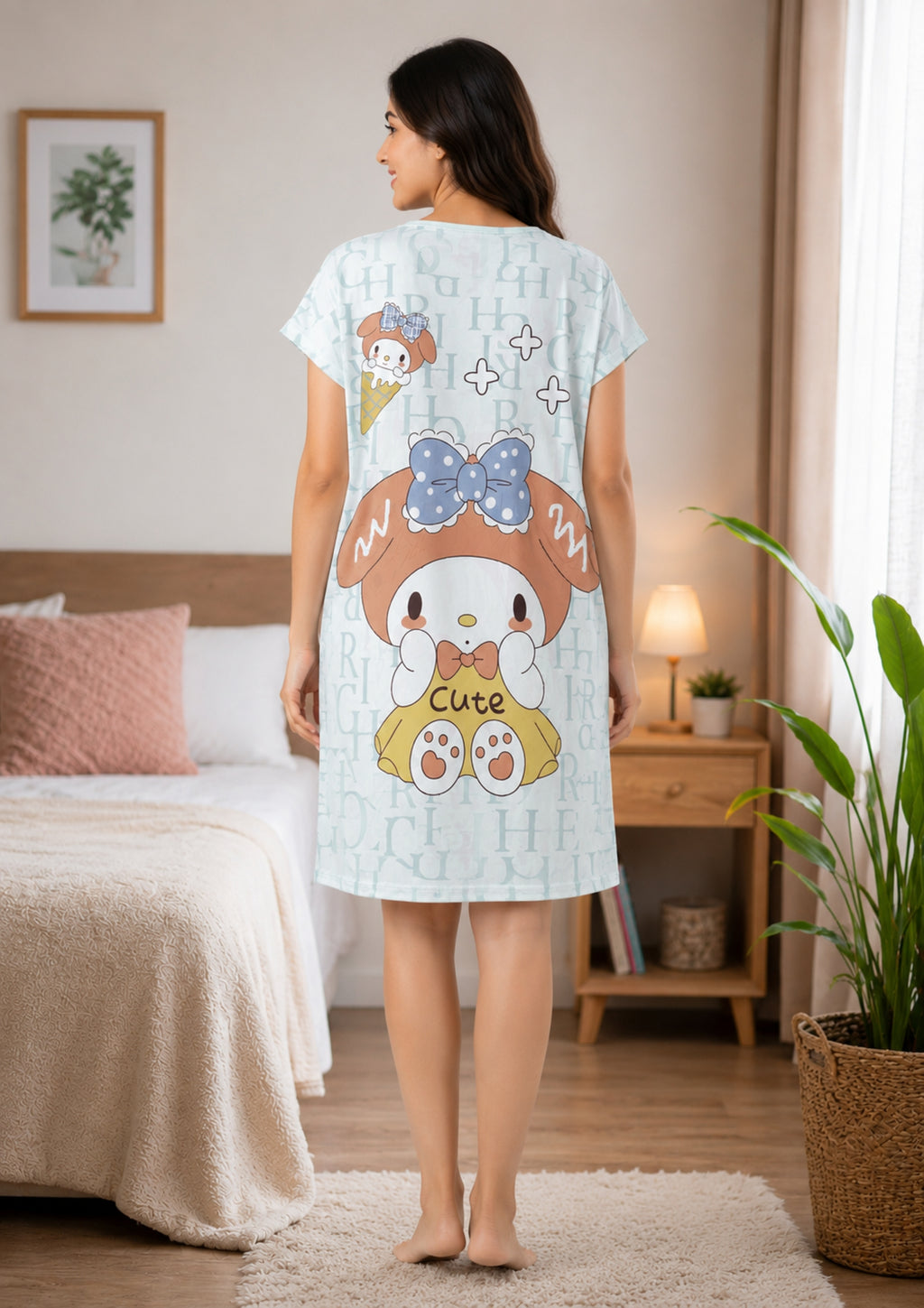 Women's Cute Cartoon Printed Knee Length Nighty | Soft Comfortable Loose Fit Short Sleeve Nighty for Women