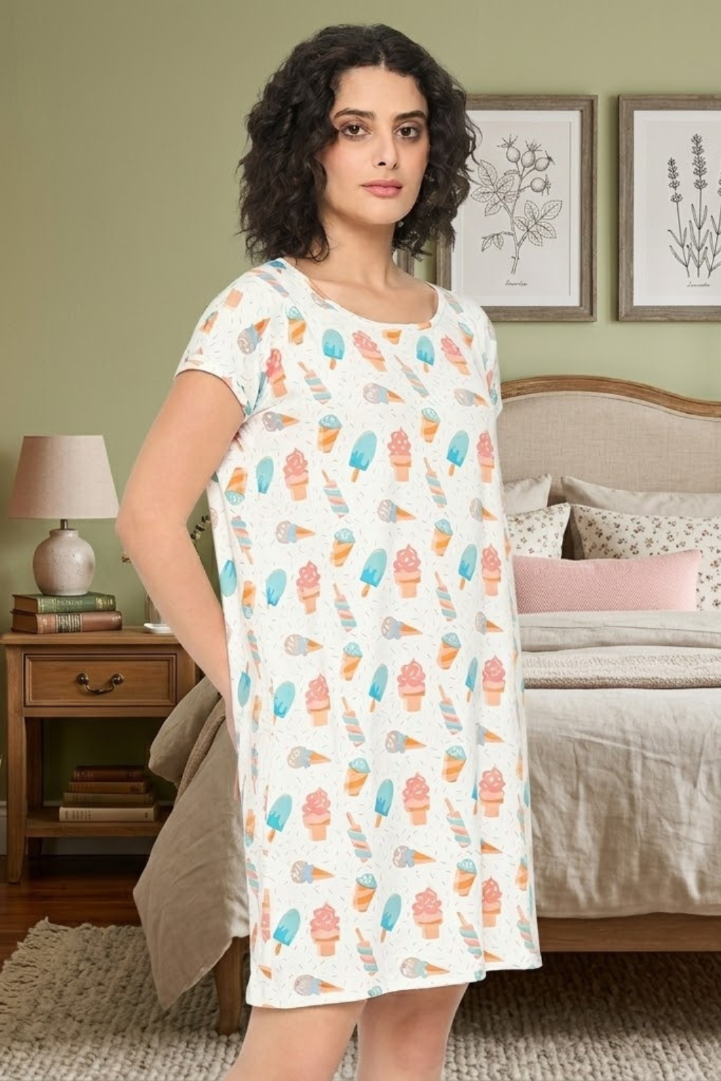 Camey Long Nighty – Comfy & Stylish Nightwear for Women | Women's Printed Nightgown, Short Sleeve Sleep Dress, Short Length, Short Nighty, White Blue