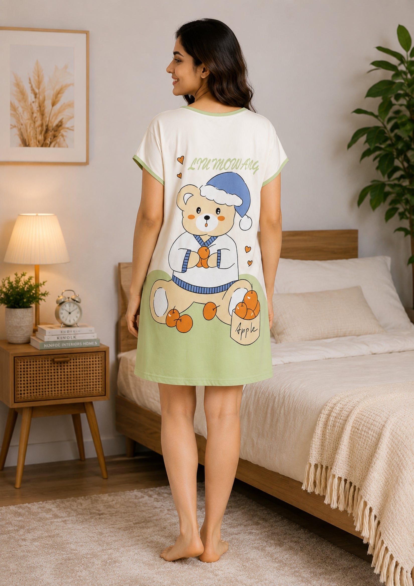 Women's Cute Cartoon Printed Knee Length Nighty | Soft Comfortable Loose Fit Short Sleeve Nighty for Women