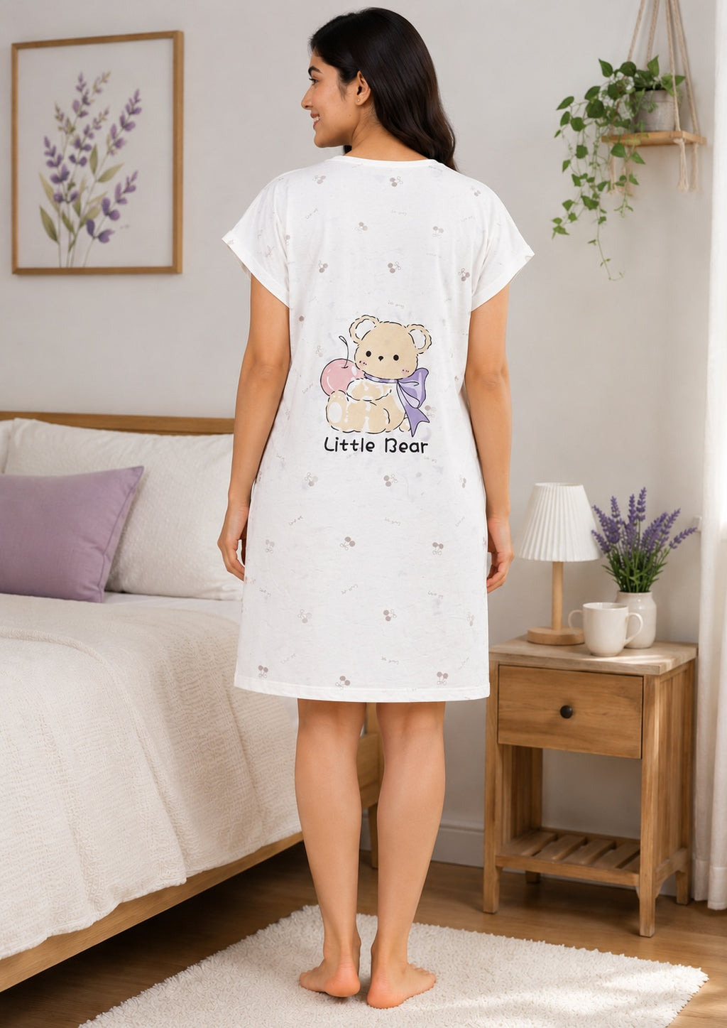 Women's Cute Cartoon Printed Knee Length Nighty | Soft Comfortable Loose Fit Short Sleeve Nighty for Women