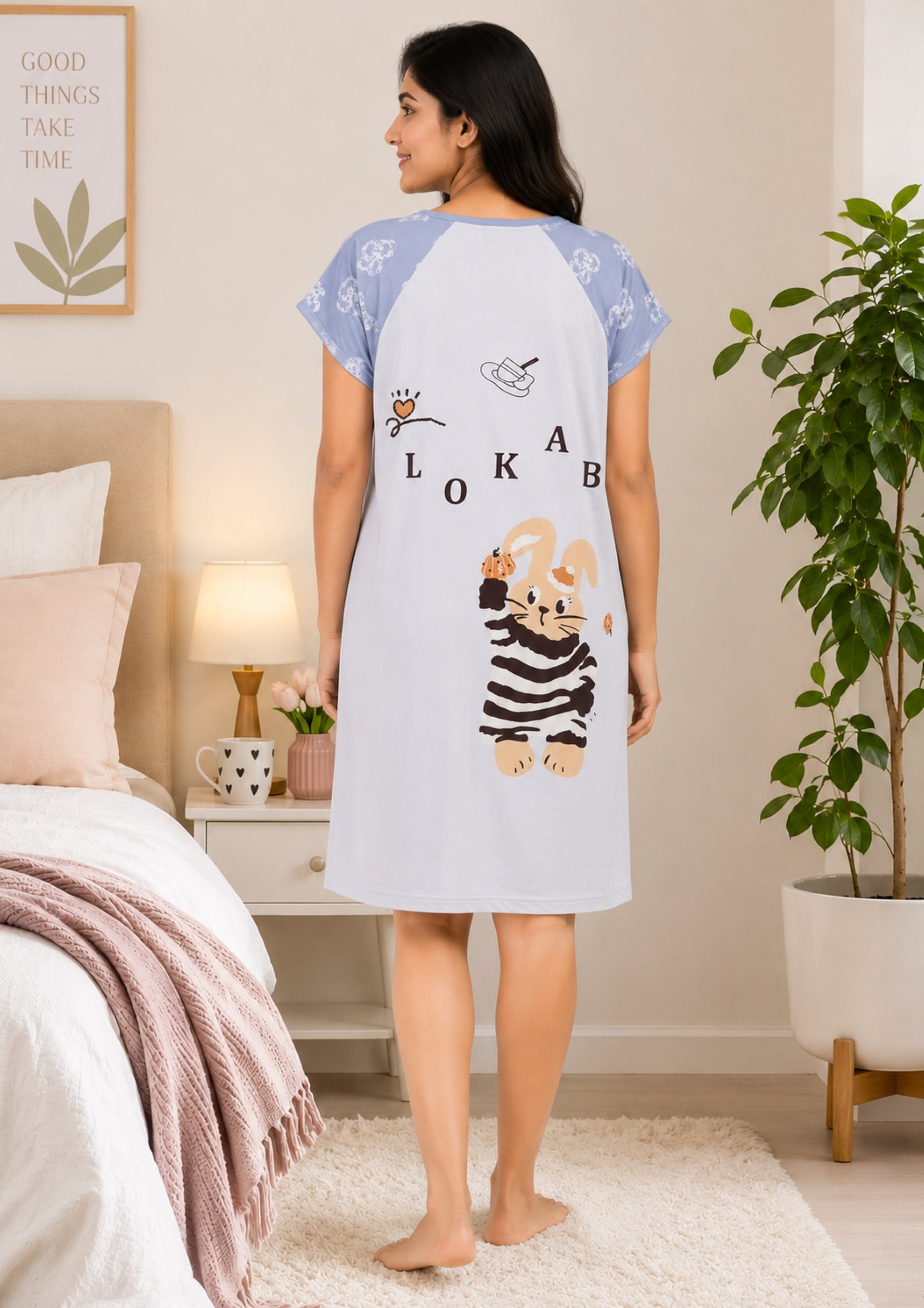 Women's Cute Cartoon Printed Knee Length Nighty | Soft Comfortable Loose Fit Short Sleeve Nighty for Women