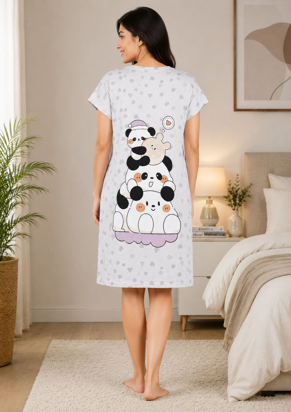 Women's Cute Cartoon Printed Knee Length Nighty | Soft Comfortable Loose Fit Short Sleeve Nighty for Women