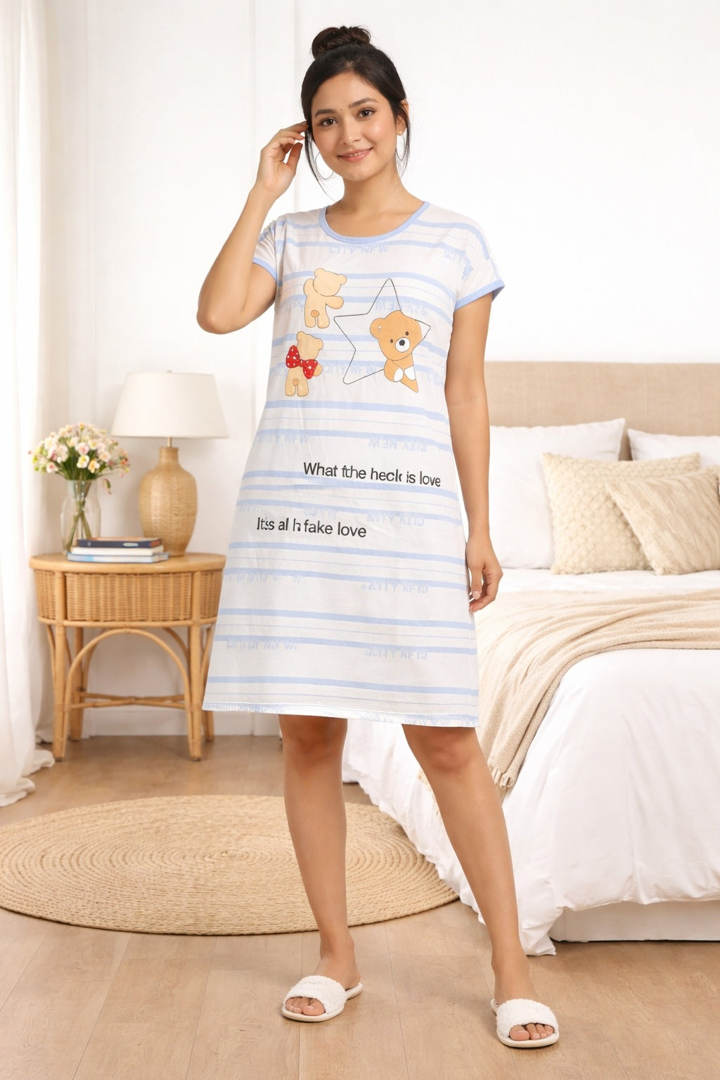 Women's short Nighty, Nightgown, Printed Pattern, Short Sleeve Sleep Dress