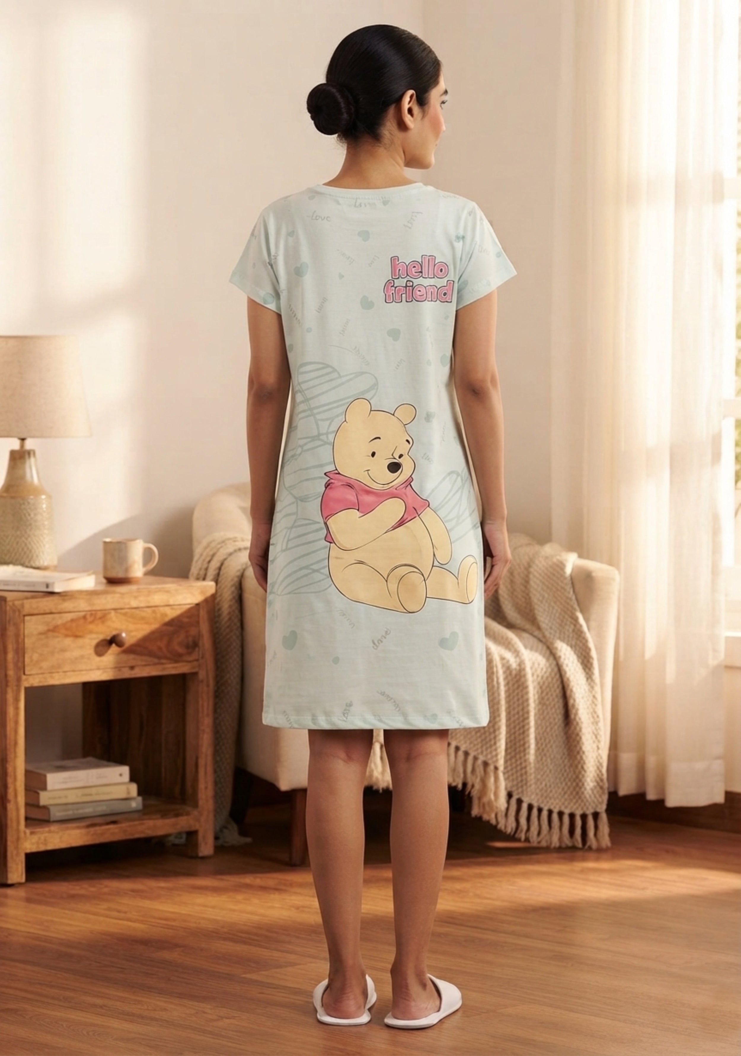 Women's Cute Cartoon Printed Knee Length Nighty | Soft Comfortable Loose Fit Short Sleeve Nighty for Women
