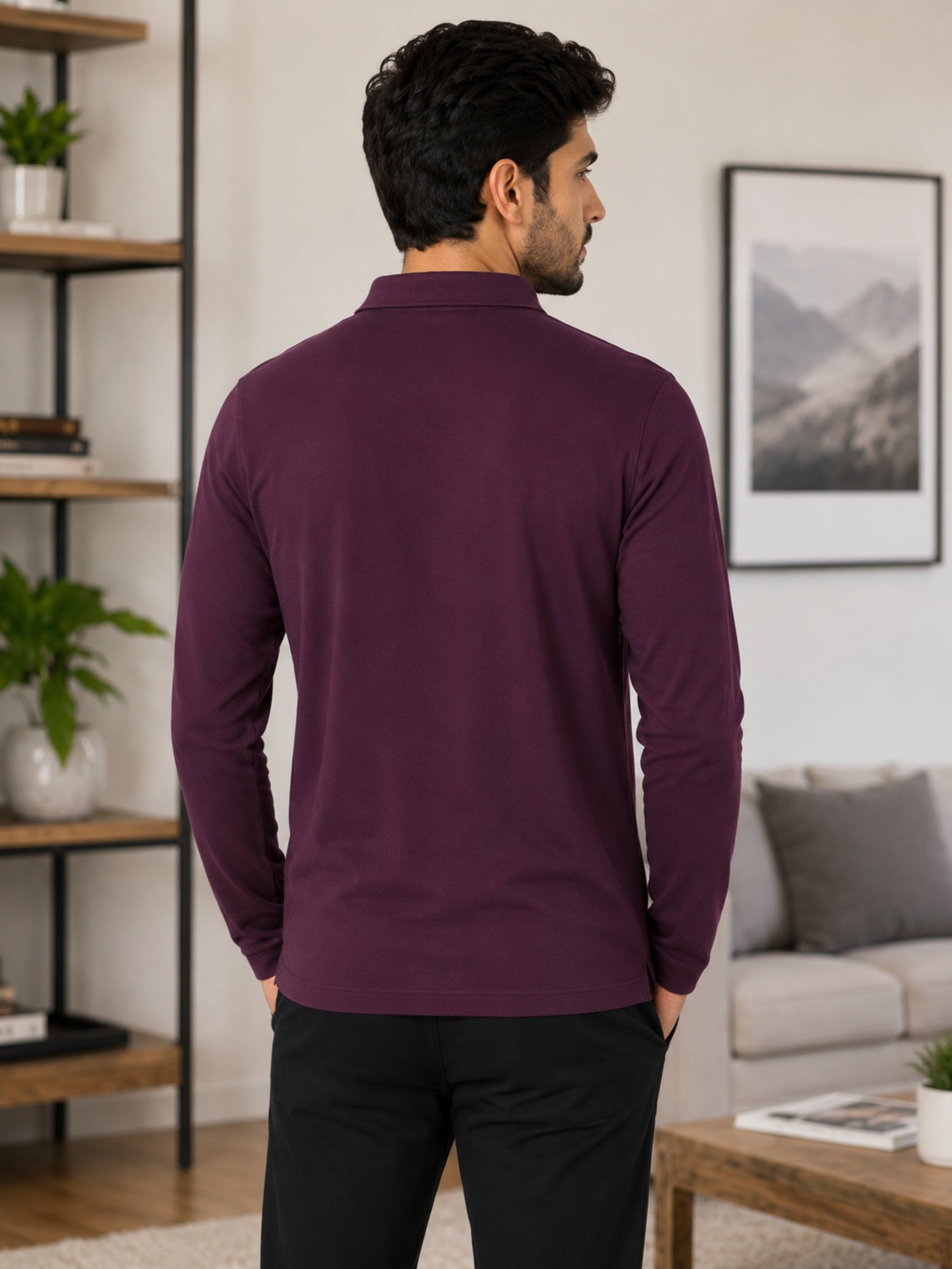 Camey Men's Plain Solid Long Sleeve Polo T-Shirt for men | Collared Casual Cotton Blend Tee with Chest Pocket