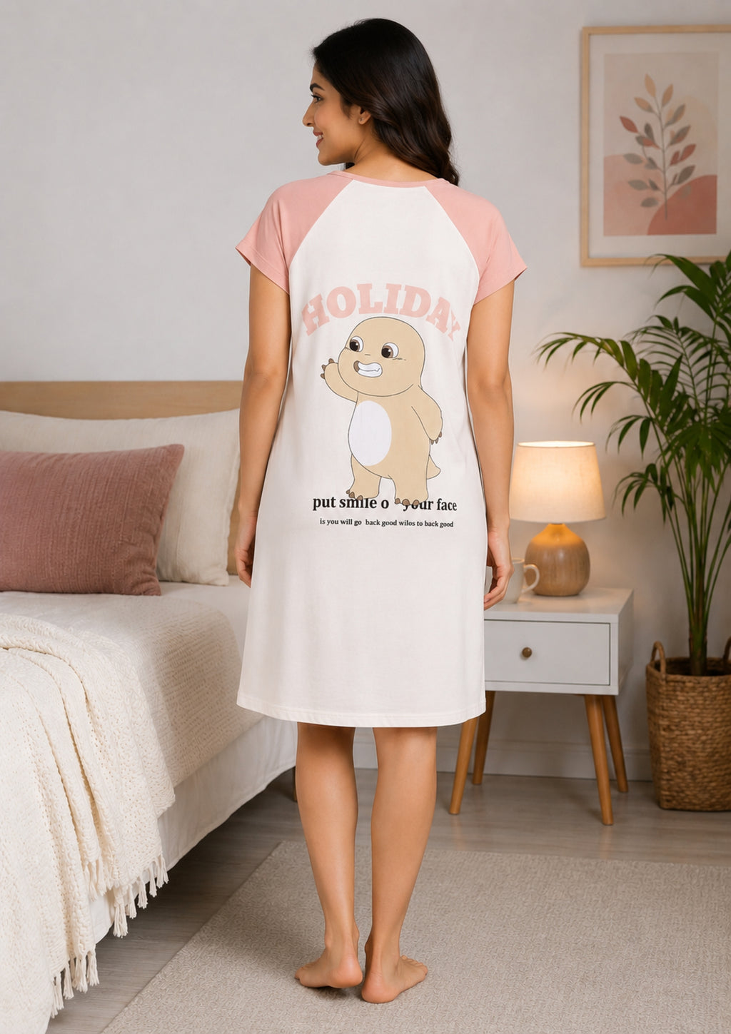 Women's Cute Cartoon Printed Knee Length Nighty | Soft Comfortable Loose Fit Short Sleeve Nighty for Women
