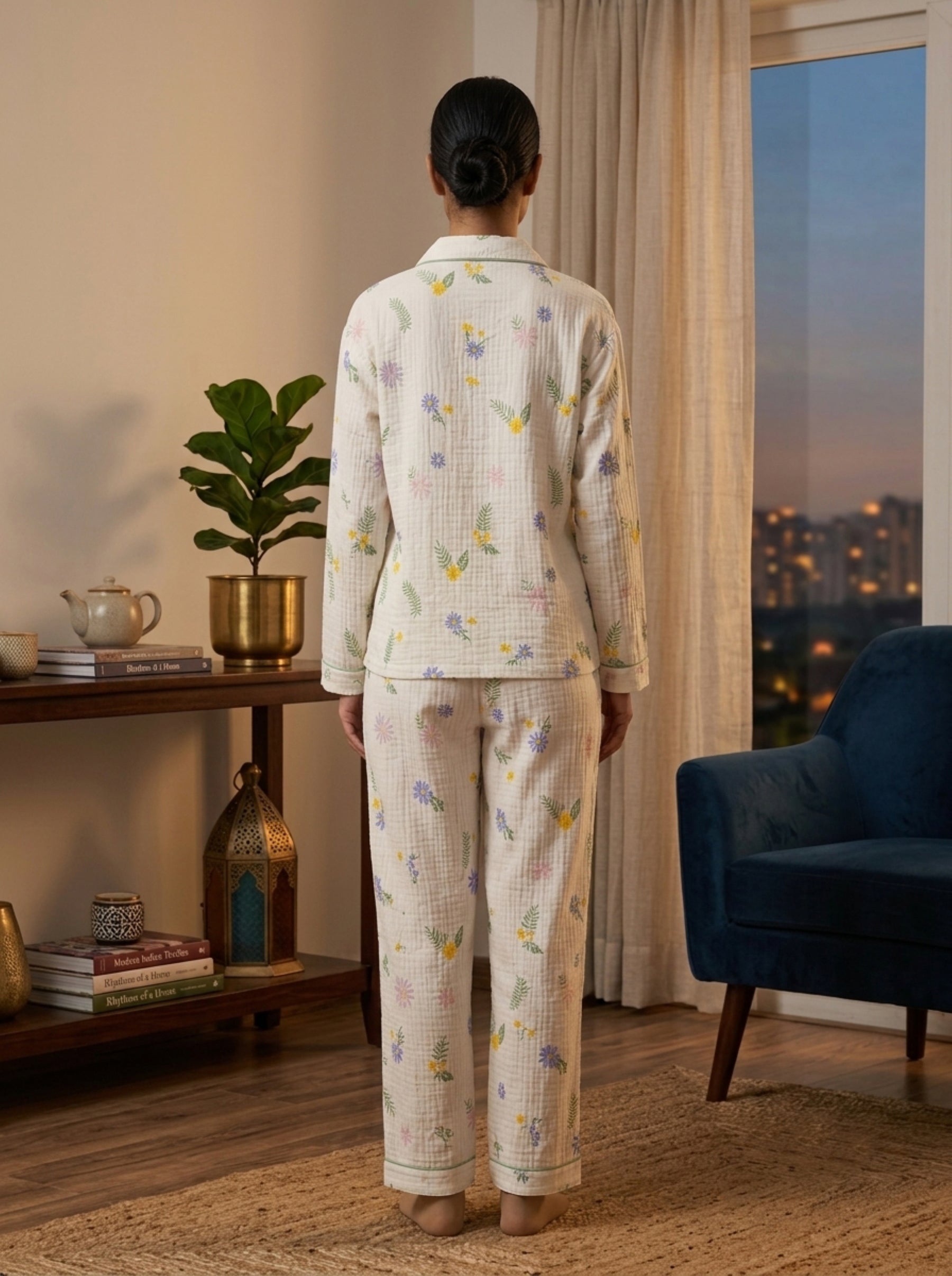 Women Night Suit Cotton Muslin Pyjama Set | Soft Printed Full Sleeve Sleepwear