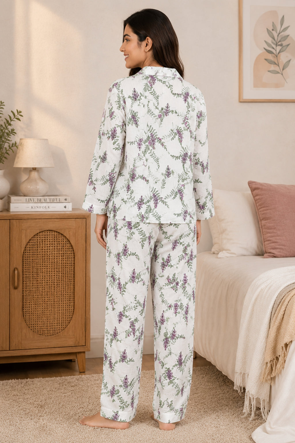 Women Night Suit Cotton Muslin Pyjama Set | Soft Printed Full Sleeve Sleepwear