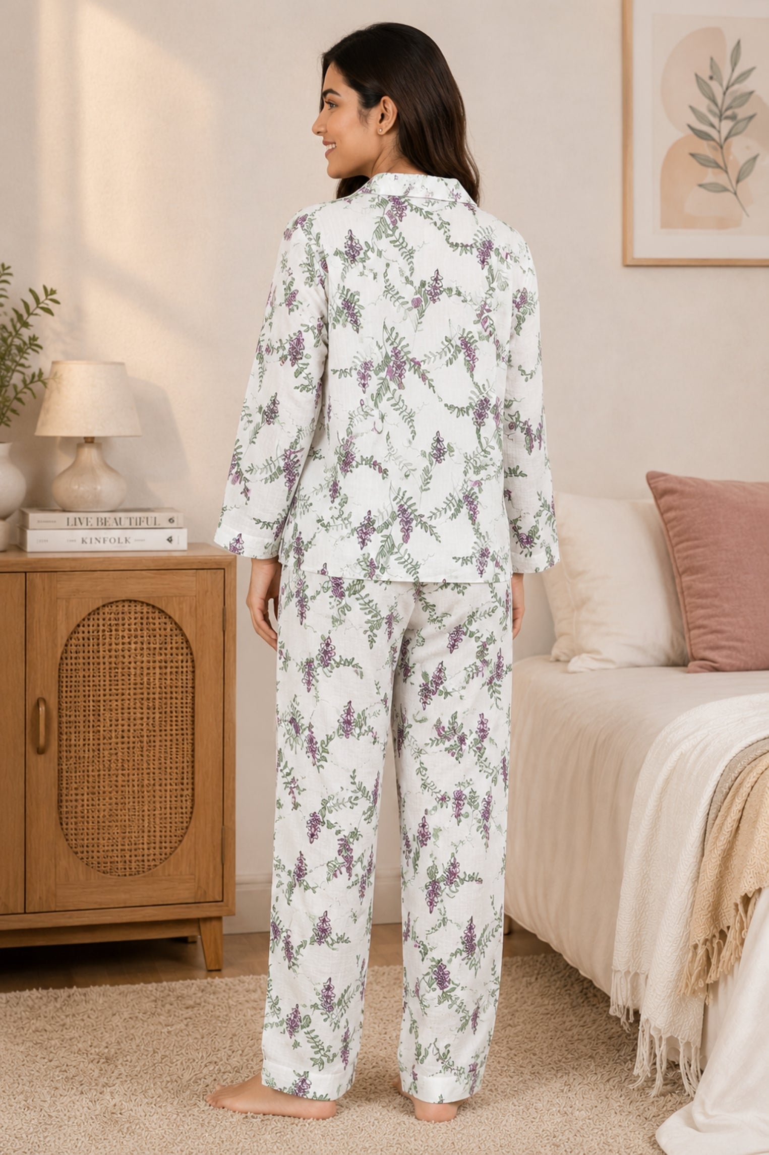 Women Night Suit Cotton Muslin Pyjama Set | Soft Printed Full Sleeve Sleepwear