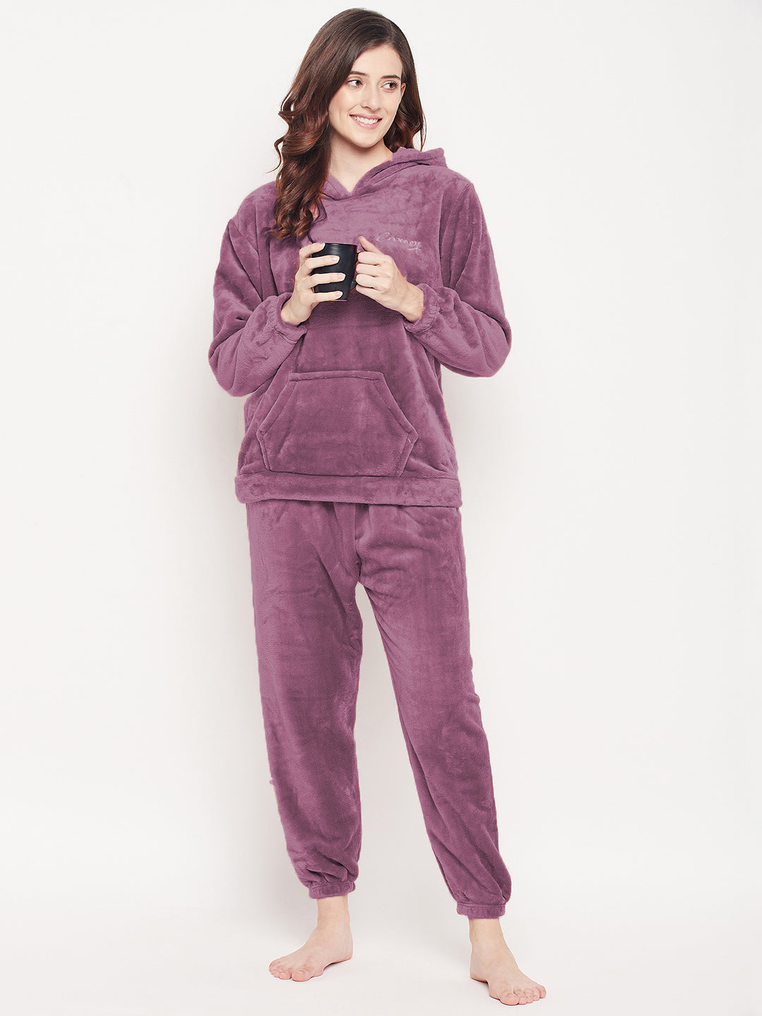 Women's Winter Full Sleeve Top and Pajama Pants Regular Fit Night Suit Hooded Top and Pyjama Set Ladies Night Dress