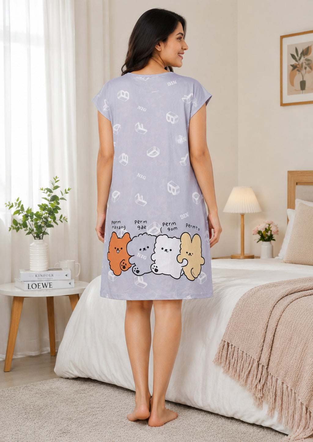 Women's Cute Cartoon Printed Knee Length Nighty | Soft Comfortable Loose Fit Short Sleeve Nighty for Women