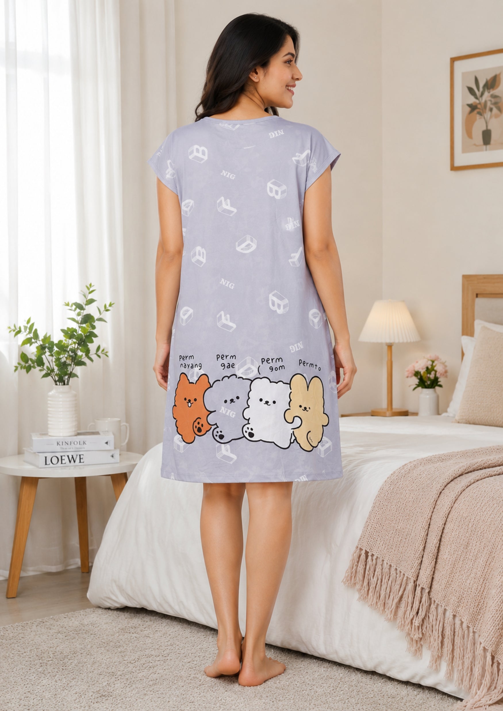 Women's Cute Cartoon Printed Knee Length Nighty | Soft Comfortable Loose Fit Short Sleeve Nighty for Women