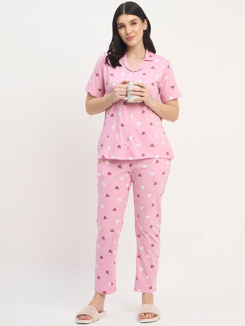 Women's Printed Nightsuit Pajama Set, Short Sleeve Button-Down Top with Pants, Cotton Nightwear, Pink