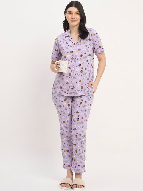 Women's Printed Nightsuit Pajama Set, Short Sleeve Button-Down Top with Pants, Cotton Nightwear, Purple