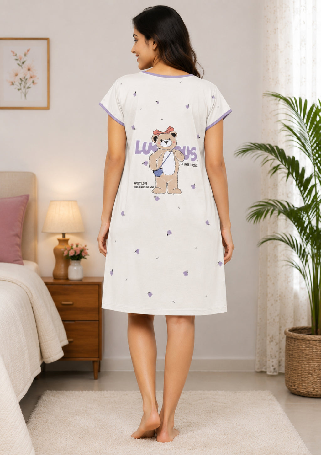 Women's Cute Cartoon Printed Knee Length Nighty | Soft Comfortable Loose Fit Short Sleeve Nighty for Women