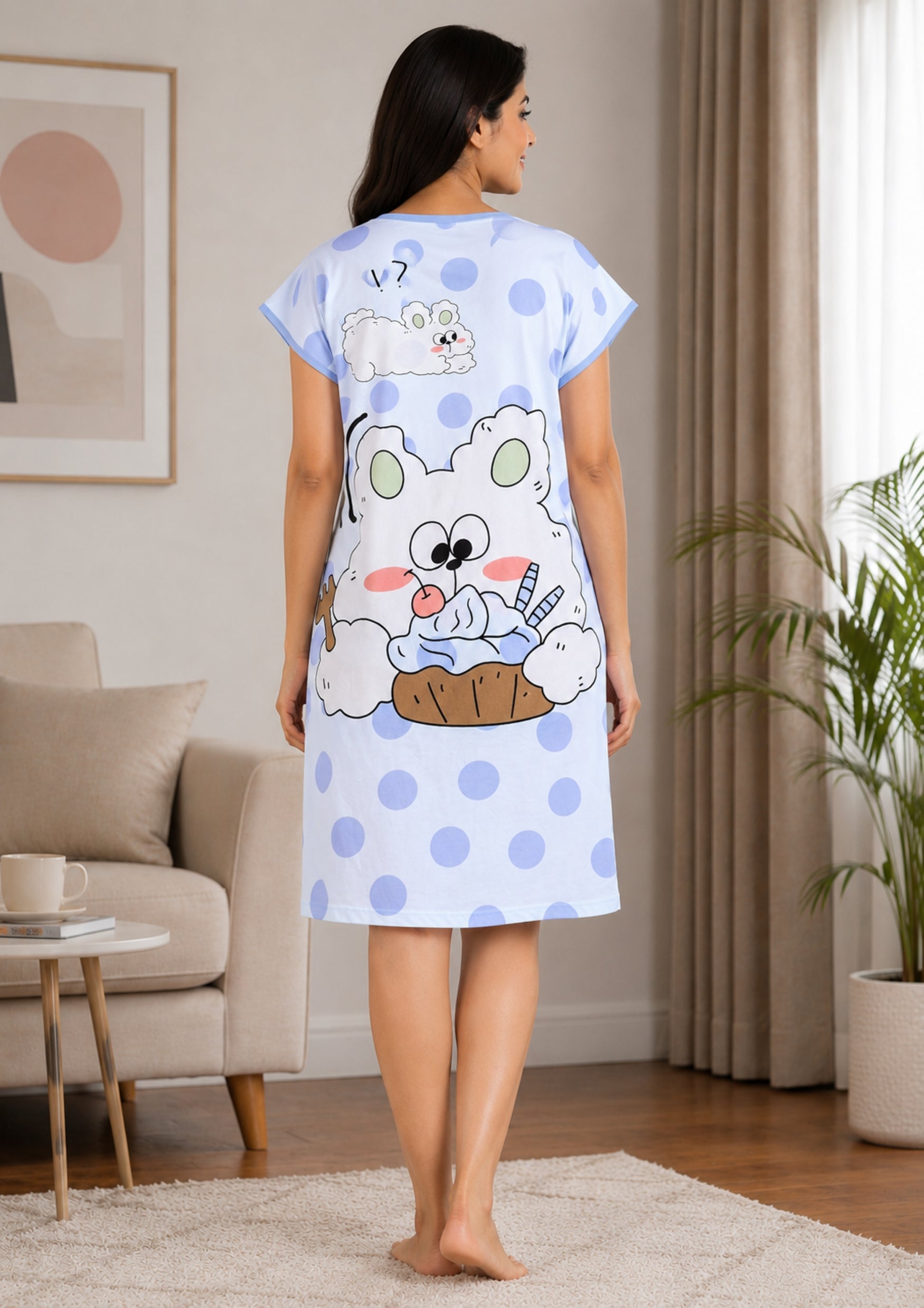 Women's Cute Cartoon Printed Knee Length Nighty | Soft Comfortable Loose Fit Short Sleeve Nighty for Women