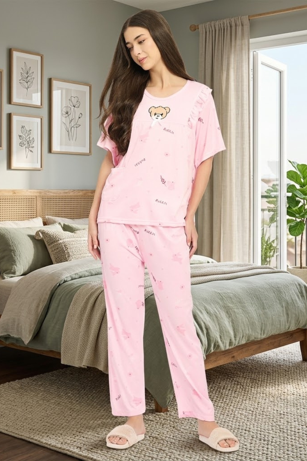 Women Night Suit Pink Printed Cotton Co-Ord Pyjama Set with Frill Detail