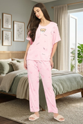 Women Night Suit Pink Printed Cotton Co-Ord Pyjama Set with Frill Detail