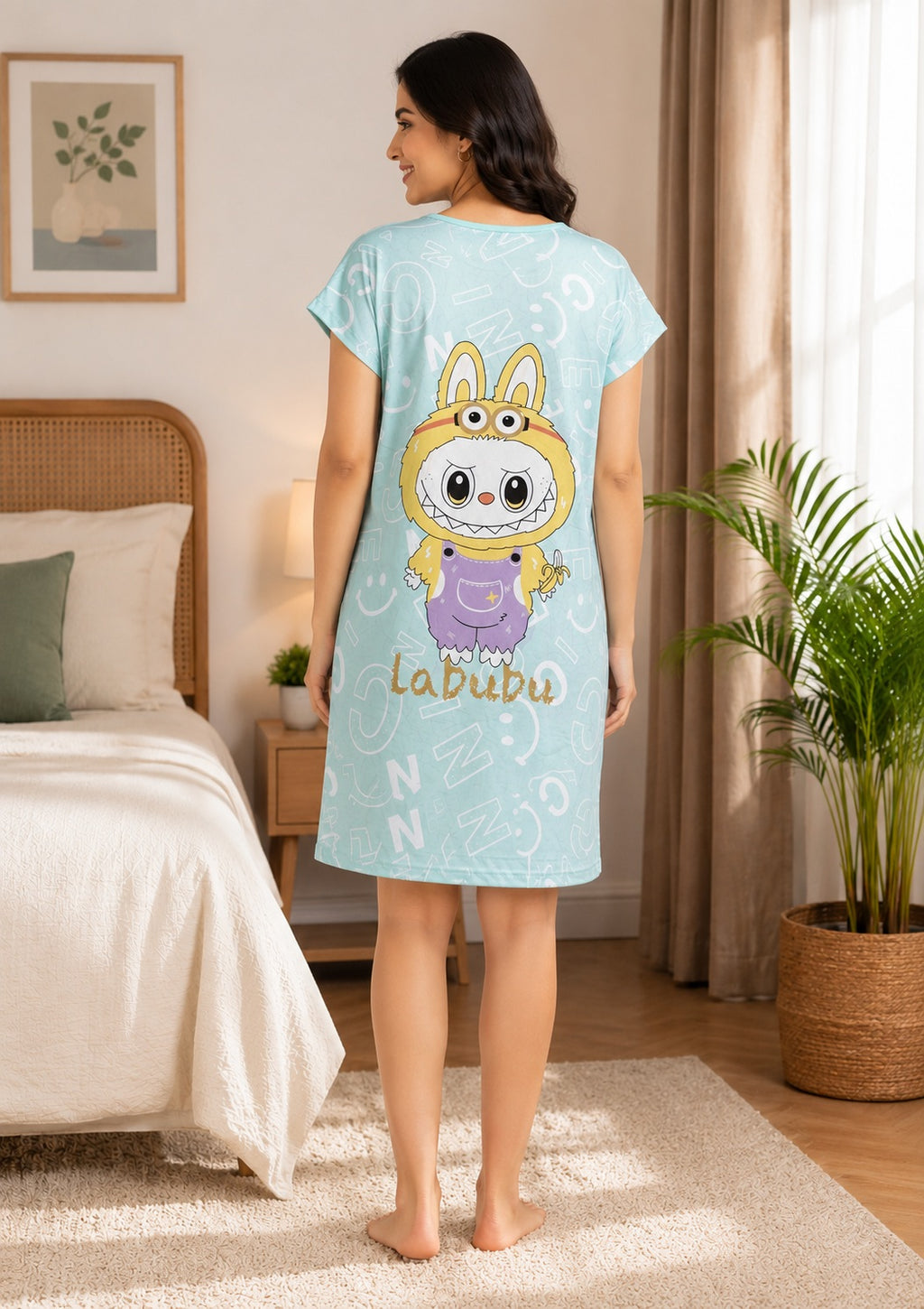 Women's Cute Cartoon Printed Knee Length Nighty | Soft Comfortable Loose Fit Short Sleeve Nighty for Women