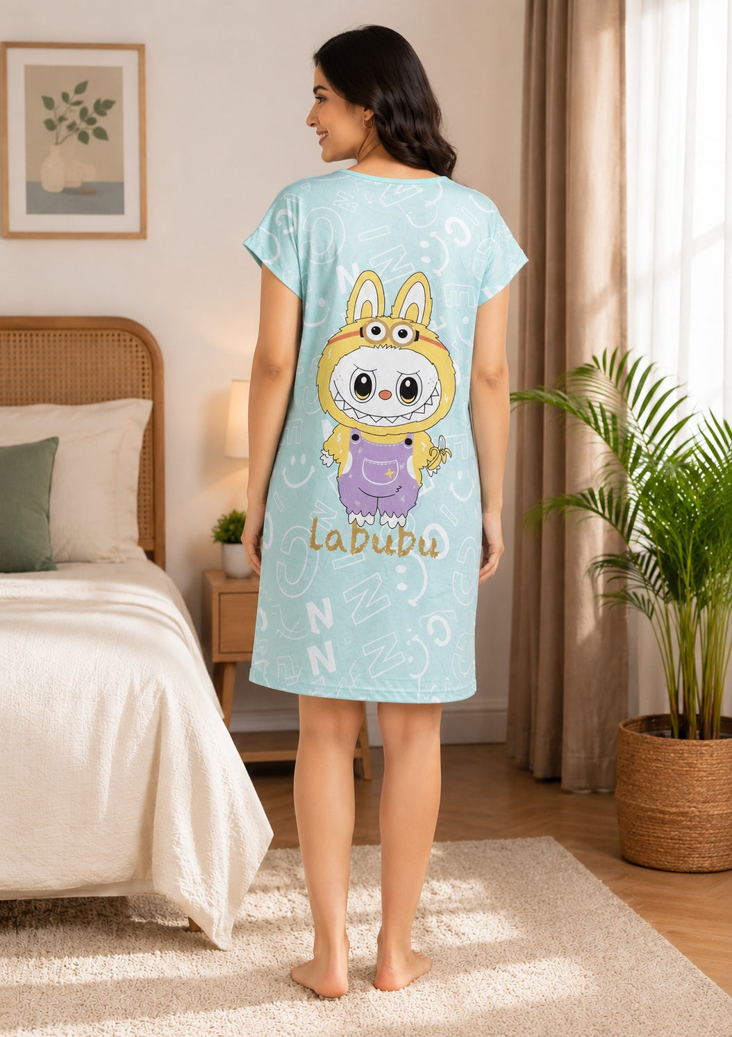 Women's Cute Cartoon Printed Knee Length Nighty | Soft Comfortable Loose Fit Short Sleeve Nighty for Women