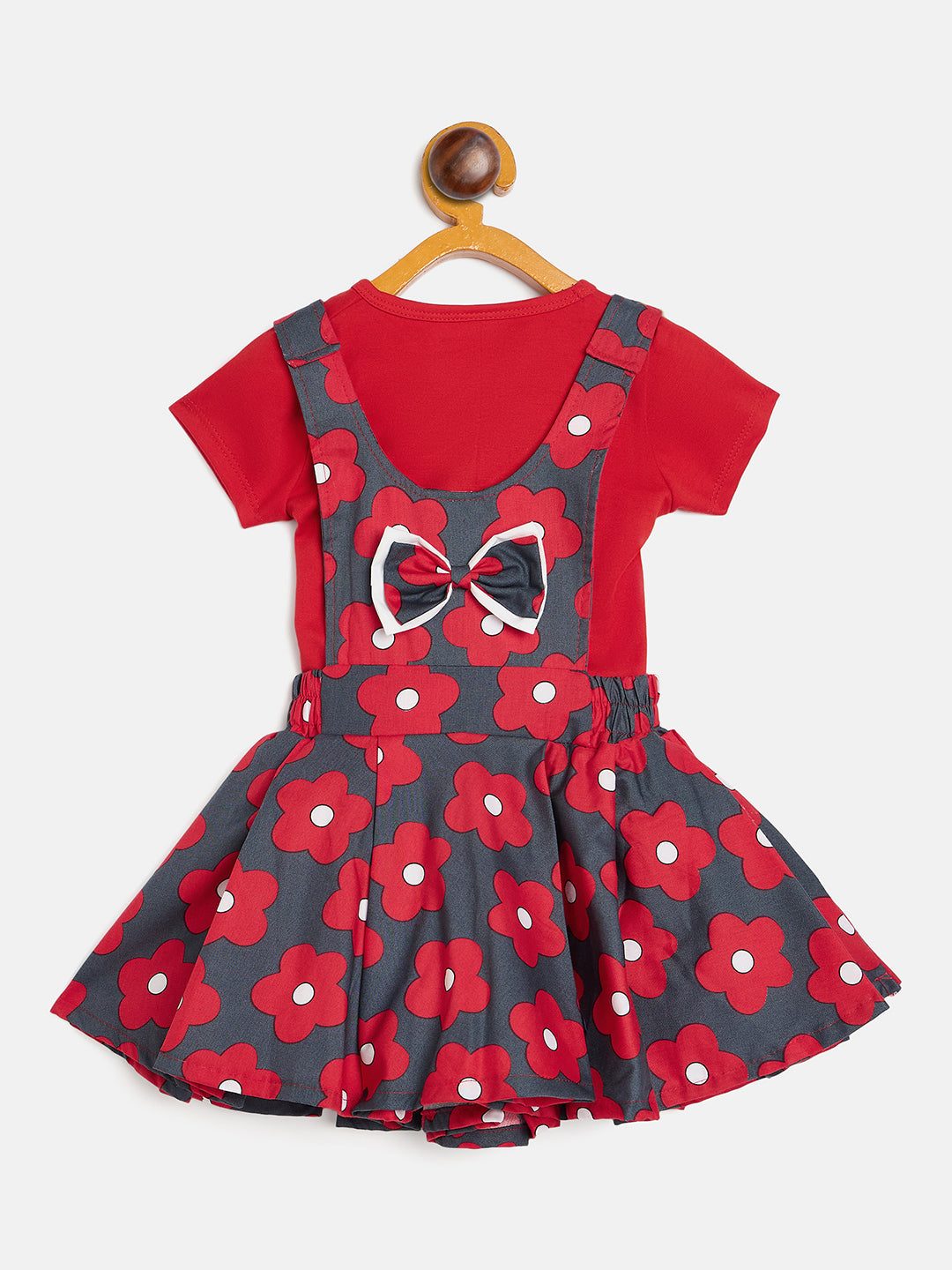 Girls' Floral Print Dress Set with Red T-Shirt and Grey Pinafore Skirt, Cotton