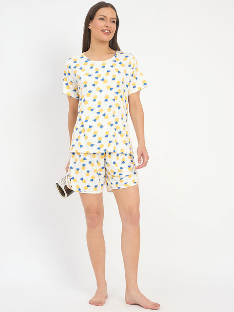 Women's Printed Loungewear Set, White Yellow