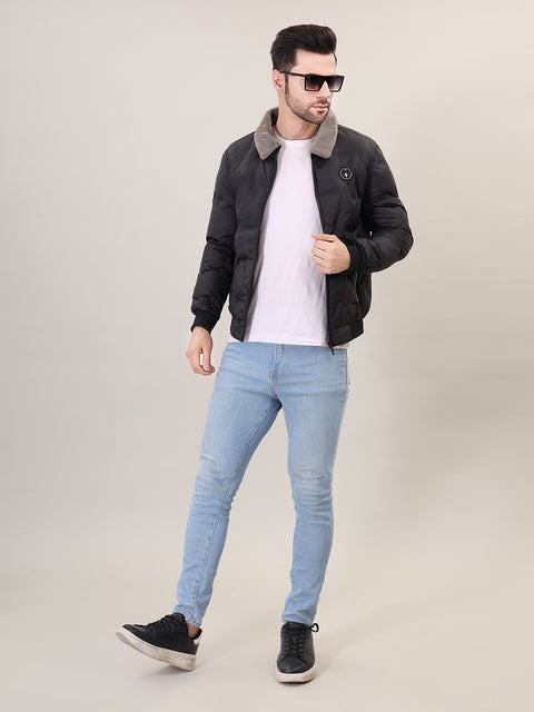 Black Spread Collar Puffer Jacket for Mens
