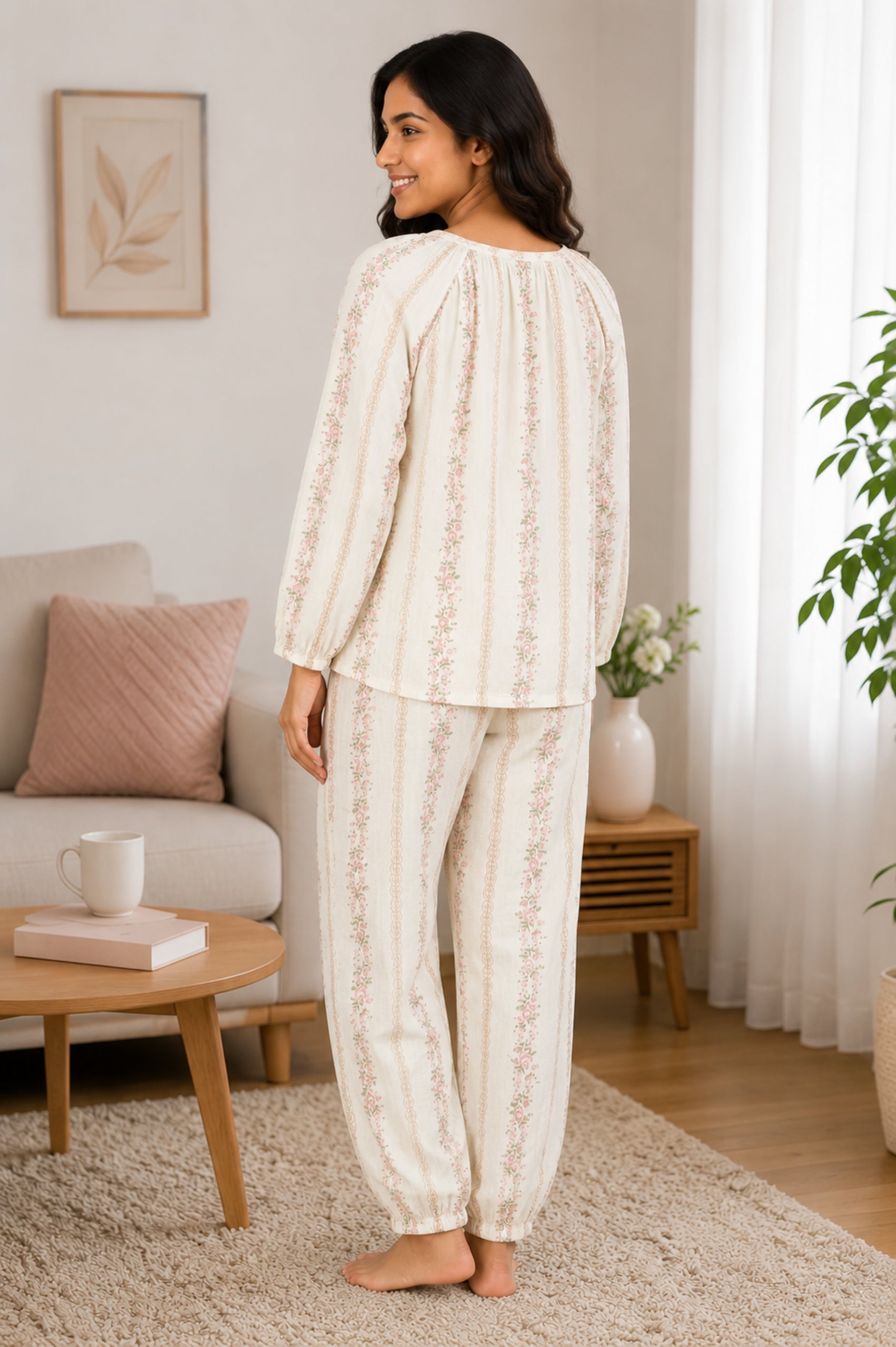 Women Night Suit Cotton Muslin Pyjama Set | Soft Printed Full Sleeve Sleepwear