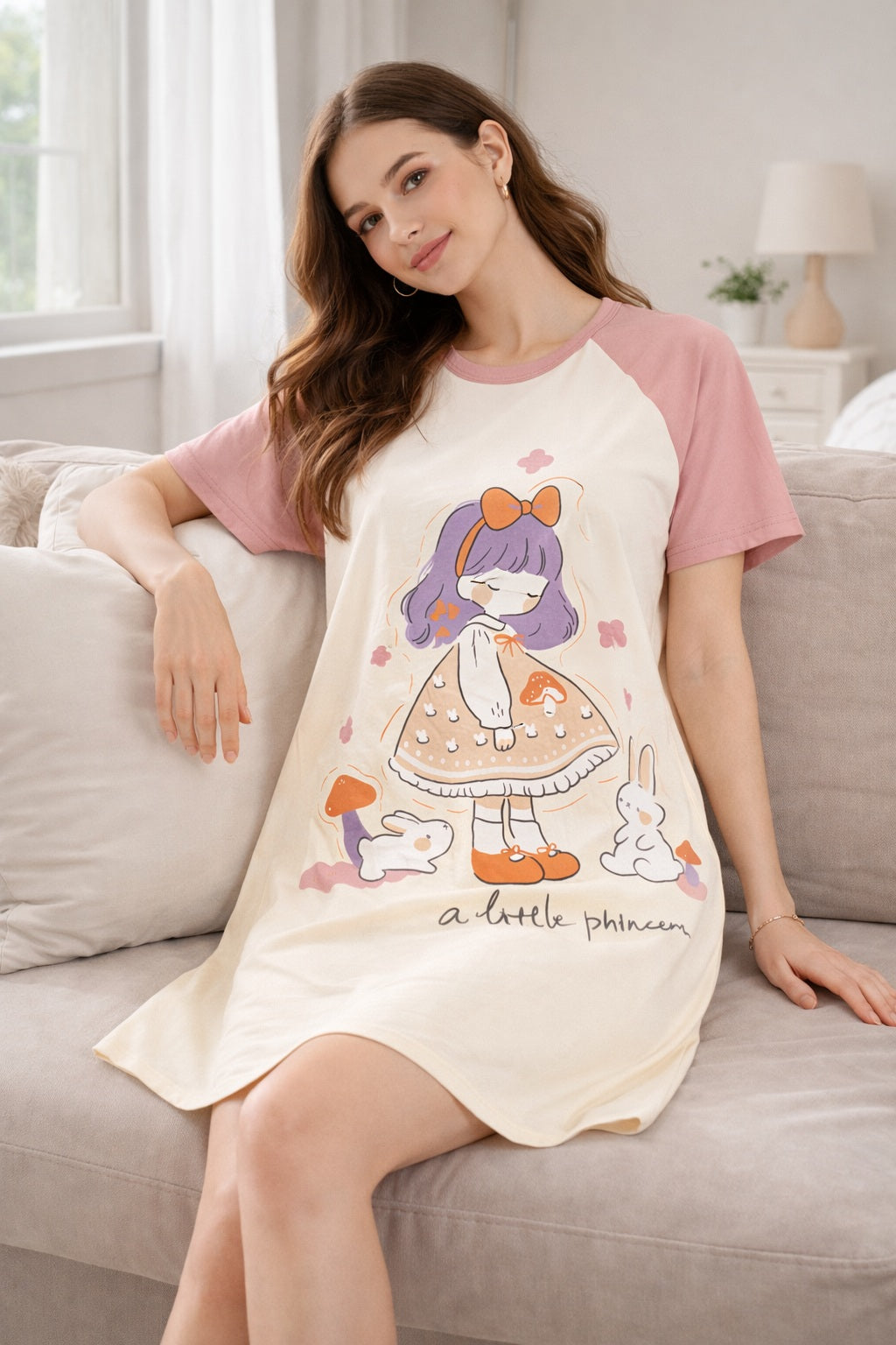 Women's short Nighty, Nightgown, Printed Pattern, Short Sleeve Sleep Dress