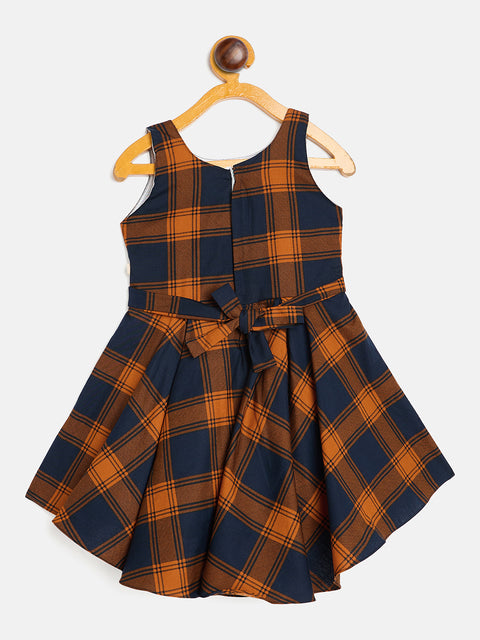Girls Plaid Sleeveless Dress, Navy Blue ,Orange,Pink & Green Check Pattern, Flared Style