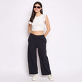 Women's Palazzo Pants with Pockets, Wide Leg, Ribbed Pattern, Elastic Waistband, Navy