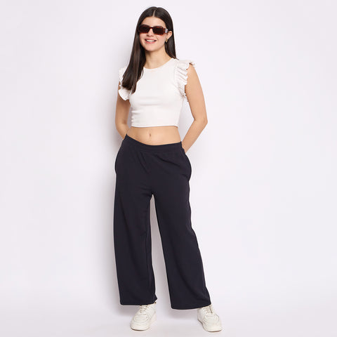 Women's Palazzo Pants with Pockets, Wide Leg, Ribbed Pattern, Elastic Waistband, Navy