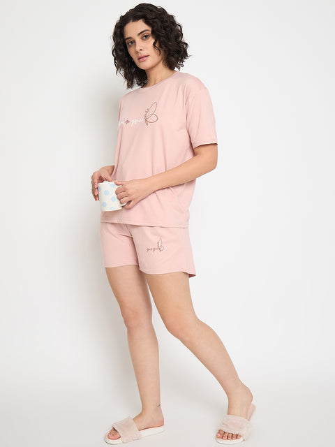 Women's Cotton Loungewear Set, Short Sleeve T-Shirt and Shorts, Pink