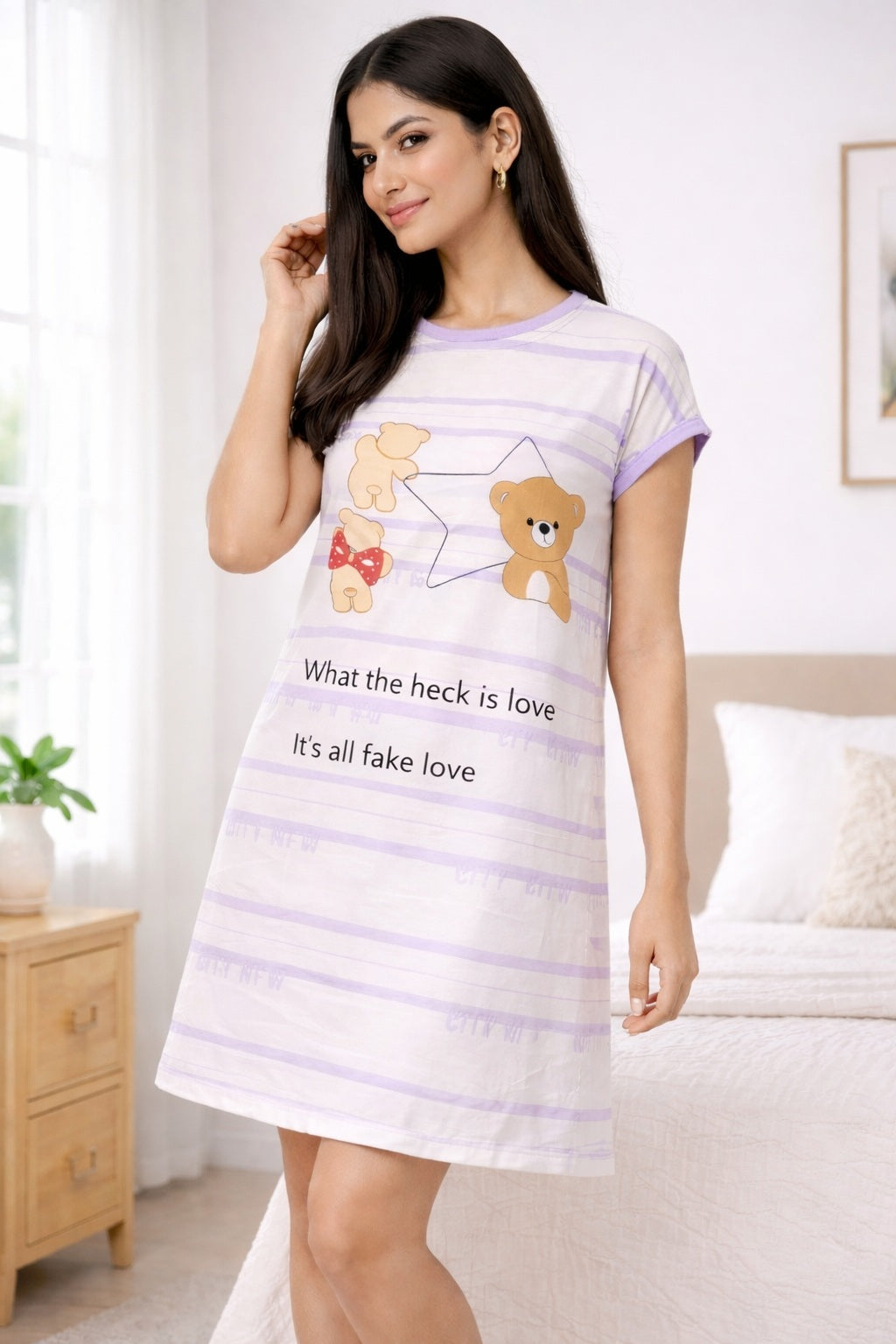 Women's short Nighty, Nightgown, Printed Pattern, Short Sleeve Sleep Dress