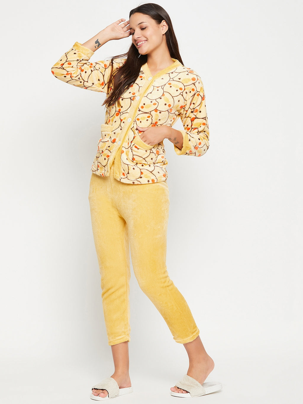 Women Printed Winter Full Sleeve Front open Top and Pajama Pants