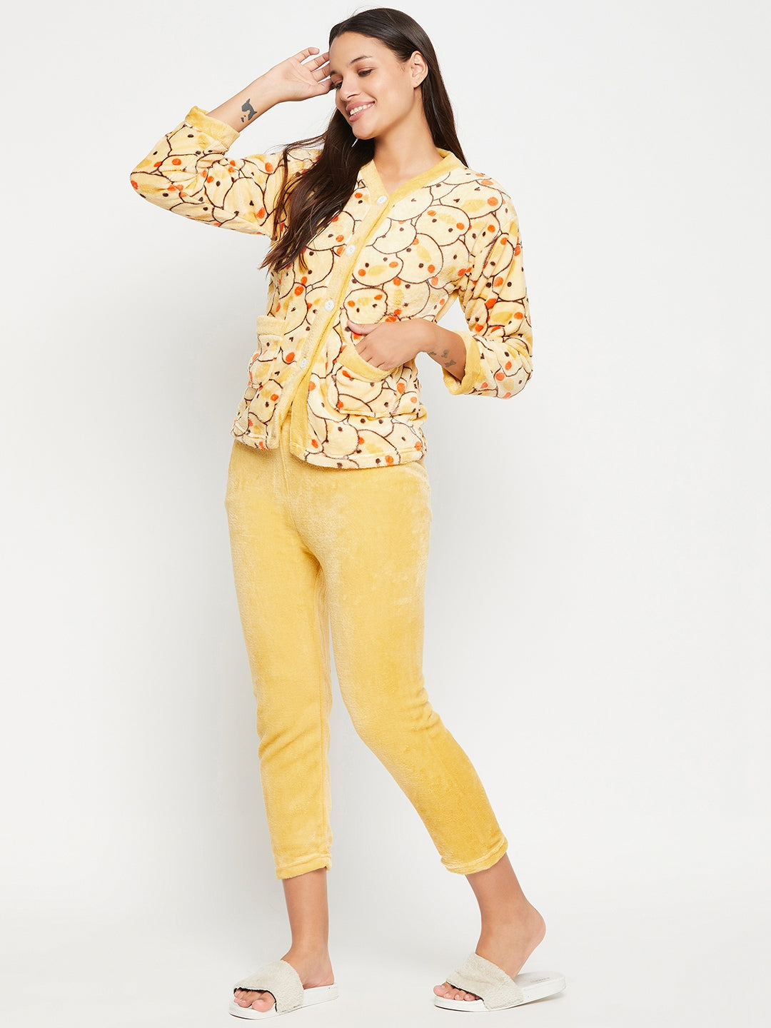 Women Printed Winter Full Sleeve Front open Top and Pajama Pants