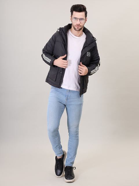 Black Stand Collar with hood Puffer Jacket for Mens